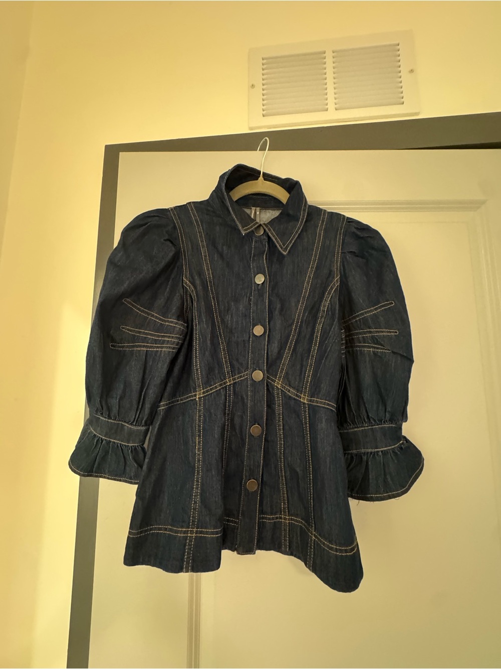 ANTHRO Dark Denim Puff Sleeve Top
